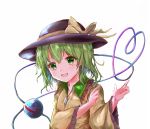  1girl :d absurdres arm_across_chest arms_up black_headwear collar commentary frilled_shirt_collar frilled_sleeves frills green_collar green_eyes green_hair hat hat_ribbon head_tilt heart heart_of_string highres ikazuchi_akira komeiji_koishi light_blush long_sleeves looking_at_viewer open_mouth ribbon shirt short_hair simple_background smile solo standing third_eye touhou upper_body white_background wide_sleeves yellow_shirt 