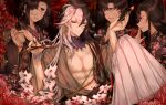  ashiya_douman bell black_eyes black_hair doll drink fate/grand_order fate_(series) flowers group japanese_clothes kimono long_hair male mask open_shirt paper puppet purionpurion sake short_hair wristwear 