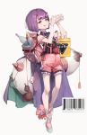  1girl :q ankle_ribbon backpack bag barcode bob_cut bottle fate/grand_order fate_(series) frilled_shorts frills gourd highres holding horns oni_horns overalls pink_footwear pink_shorts platform_footwear purple_eyes purple_hair rawtuna ribbon short_hair shorts shoulder_bag shuten_douji_(fate/grand_order) sleeveless solo thick_eyebrows tongue tongue_out water_bottle 