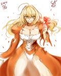  1girl 2020 ahoge alternate_hairstyle ass_visible_through_thighs blonde_hair blood breasts dated epaulettes fate/grand_order fate_(series) flower graphite_(medium) hair_intakes highres large_breasts long_hair looking_at_viewer mechanical_pencil nero_claudius_(fate) nero_claudius_(fate)_(all) pencil puffy_sleeves rose see-through solo suga_leon torn_clothes traditional_media wide_sleeves wind 