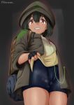  1girl absurdres anosillus_ii artist_name backpack bag bike_shorts black_background black_gloves black_hair brown_backpack brown_coat coat dark_skin earphones eyebrows_visible_through_hair fingerless_gloves gloves grin hair_between_eyes highres kakure_animani orange_eyes pussy smile solo ssss.gridman 