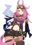  1girl animal_ears bare_shoulders boots breasts cape duel_monster eyewear_on_head fingerless_gloves gloves highres long_hair midriff miniskirt navel pink_hair skirt solo tail thigh_boots thighhighs thousa_01 tribrigade_felidgette_the_fruitless_flower yellow_eyes yuu-gi-ou 