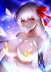  1girl armor bangs bare_shoulders bikini_armor blush breasts cleavage collarbone earrings fate/grand_order fate_(series) grin hair_ribbon highres jewelry kama_(fate/grand_order) large_breasts lee-taro long_hair looking_at_viewer petals red_eyes ribbon shiny shiny_skin silver_hair smile 