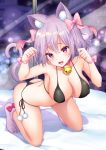  1girl :d absurdres animal_ear_fluff animal_ears armpits arms_up ass bare_shoulders bell bent_over bikini black_bikini bow breasts cat_ears cat_girl cat_tail choker cleavage collarbone covered_nipples hair_between_eyes hair_bow halterneck heart heart-shaped_pupils highres jingle_bell large_breasts lavender_hair lens_flare looking_at_viewer medium_hair open_mouth original paw_pose paw_shoes pom_pom_(clothes) purple_eyes red_choker ribbon shadow shoes side-tie_bikini smile solo string_bikini swimsuit symbol-shaped_pupils tail teltelhousi thighs wrist_ribbon 