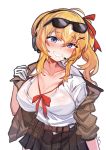  1girl aningay blonde_hair blue_eyes blush breasts collarbone girls_frontline grin highres kalina_(girls_frontline) large_breasts see-through side_ponytail sidelocks skirt smile solo unbuttoned unbuttoned_shirt 