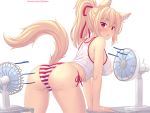  1girl :o animal_ears ass bare_shoulders bent_over blonde_hair blush breasts cameltoe cat_ears cat_girl cat_tail commentary covered_nipples crop_top english_commentary fan from_behind hair_between_eyes hair_ribbon highres large_breasts leaning_on_table long_hair looking_at_viewer looking_back no_bra no_pants nottytiffy open_mouth original panties ponytail red_eyes red_ribbon ribbon see-through shirt side-tie_panties simple_background slit_pupils solo staring striped striped_panties sweat tail tank_top thighs tiffy_(nottytiffy) underwear wet wet_clothes wet_shirt 