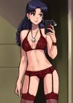  1girl bare_shoulders blue_hair bra breasts brown_eyes cellphone cellphone_charm collarbone commentary contrapposto cowboy_shot dirty_ero earrings english_commentary garter_belt groin hand_up holding jewelry katsuragi_misato lingerie lipstick long_hair looking_away makeup medium_breasts navel neon_genesis_evangelion nerv panties pendant penpen phone red_bra red_garter_belt red_legwear red_lipstick red_panties scar self_shot smile solo stomach thighhighs underwear 