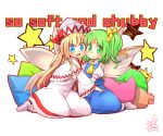  2girls bangs blonde_hair blue_dress blue_eyes bow capelet closed_mouth collared_shirt daiyousei dress english_text eyebrows_visible_through_hair fairy fairy_wings green_eyes green_hair hair_bow hat hat_bow highres hug lily_white long_hair long_sleeves looking_at_viewer multiple_girls open_mouth pillow puffy_short_sleeves puffy_sleeves red_bow red_neckwear seiza shirt short_hair short_sleeves side_ponytail signature simple_background sitting smile socks star_(symbol) touhou umigarasu_(kitsune1963) white_background white_capelet white_dress white_headwear white_legwear white_shirt white_sleeves wide_sleeves wings yellow_bow yellow_neckwear 