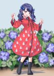  1girl absurdres bangs blue_hair blurry blurry_background blush boots clenched_hands coat collared_shirt commentary_request darumaya_(azarasidesuyone) eyebrows_visible_through_hair flower fukumaru_koito highres hooded_coat idolmaster idolmaster_shiny_colors long_sleeves neck_ribbon open_mouth outdoors purple_eyes purple_flower raincoat raindrop_print red_coat ribbon rubber_boots shadow shirt twintails white_shirt 