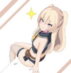  1girl :3 azur_lane bache_(azur_lane) bangs black_sailor_collar blonde_hair breasts collar daroon5 eyebrows_visible_through_hair fang fishnet_legwear fishnets from_behind highres long_hair looking_at_viewer looking_up micro_shorts pink_collar purple_eyes sailor_collar short_shorts shorts sideboob signature single_thighhigh sitting smile solo thighhighs twintails two_side_up 