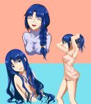  1girl :d alternate_hair_length alternate_hairstyle armpits axia-chan blue_background blue_eyes blue_hair braid braided_ponytail breasts ciel closed_eyes collarbone cropped_torso facing_viewer glasses hair_over_breasts hair_over_shoulder head_tilt highres long_hair looking_at_viewer medium_breasts naked_towel nude open_mouth pink_background ponytail profile rimless_eyewear round_eyewear shiny shiny_hair sketch smile sweater towel tsukihime turtleneck turtleneck_sweater two-tone_background tying_hair very_long_hair wet wet_hair white_sweater white_towel 