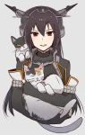  1girl animal bangs cat cropped_torso elbow_gloves gloves grey_background hair_between_eyes headgear holding holding_animal holding_cat kantai_collection kasumi_(skchkko) long_hair nagato_(kantai_collection) partly_fingerless_gloves red_eyes remodel_(kantai_collection) simple_background 