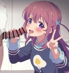  1girl aqua_bow blush bow brown_hair censored girlish_number highres imminent_fellatio karasuma_chitose_(girlish_number) long_hair looking_at_viewer open_mouth oral penis purple_eyes tongue tongue_out trg-_(sain) v 