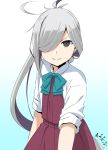  1girl ahoge asashimo_(kantai_collection) bow bowtie cowboy_shot english_commentary gradient gradient_background green_background grey_eyes hair_over_one_eye headband kantai_collection long_hair looking_at_viewer moti_coi ponytail school_uniform shirt silver_hair sleeves_rolled_up solo white_background white_shirt 