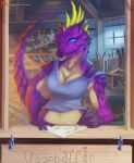  anthro athletic athletic_female blue_eyes box breasts clothed clothing dew_dragon dragon feather_hair feathers female hi_res inside melee_weapon non-mammal_breasts pseudo_hair pupils purple_body purple_scales scales scalie slit_pupils solo solo_focus swedish_text sword tan_body tan_scales text translated treasure_chest weapon window_sill yellow_body yellow_feathers 