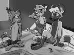  2020 african_wild_dog anthro bed boxers_(clothing) breasts canid canine cheetah clothing ear_tuft felid feline female fur furniture greyscale group head_tuft hi_res inner_ear_fluff lynx male mammal marc_(theblueberrycarrots) milo_(juantriforce) monochrome nipples on_bed pillow smile spots spotted_body spotted_fur stephie_(fraydia1) theblueberrycarrots tuft underwear young 