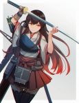  1girl akagi_(kantai_collection) brown_eyes brown_gloves brown_hair cowboy_shot eyebrows_visible_through_hair gloves hair_between_eyes hakama hakama_skirt holding holding_sword holding_weapon japanese_clothes kantai_collection kasumi_(skchkko) katana long_hair muneate partly_fingerless_gloves red_hakama remodel_(kantai_collection) smile solo sword tasuki weapon yugake 