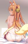 1girl animal_ear_fluff animal_ears ass back bare_shoulders bell blonde_hair commentary_request fox_ears fox_girl fox_tail from_behind green_eyes highres jingle_bell long_hair looking_at_viewer looking_back one_side_up original panties parted_lips red_ribbon ribbon side-tie_panties sitting solo tail topless underwear underwear_only wet white_panties yuzu_modoki 
