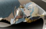  1girl blue_hair braid brown_eyes closed_mouth crown_braid cutting_hair cutting_own_hair fire_emblem fire_emblem:_three_houses from_behind holding holding_scissors long_sleeves marianne_von_edmund reflection scissors solo upper_body vo1ez 