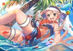  1girl ass bikini blonde_hair blue_eyes breasts cucouroux_(granblue_fantasy) granblue_fantasy lei medium_breasts ocean palm_tree panda_inu petals smile swimsuit thigh_strap tree twintails underboob visor_cap water water_gun 