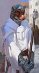  2020 anthro armor belt blush chainmail chunie city clothed clothing detailed_background digital_media_(artwork) eyes_closed fur furgonomics headgear helmet hi_res holding_object holding_staff male mammal mustela mustelid musteline outside public robe smile solo staff standing 