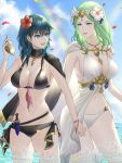  1girl 2girls :d bangs bikini black_bikini black_cape blue_eyes blue_hair blue_sky breasts byleth_(fire_emblem) byleth_(fire_emblem)_(female) cape cleavage cloud collarbone commentary_request cowboy_shot dagger day eyebrows_visible_through_hair fire_emblem fire_emblem:_three_houses fire_emblem_heroes flower green_eyes green_hair hair_between_eyes hair_flower hair_ornament holding_shell jewelry large_breasts long_hair looking_at_another medium_hair midriff multiple_girls navel necklace ocean open_mouth petals petals_on_liquid rainbow rhea_(fire_emblem) ribbon ripples sheath sheathed sidelocks single_bare_shoulder sky smile standing swimsuit tiara uni_(uni9248) wading weapon white_bikini white_cape wrist_ribbon 