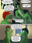  3:4 alligator alligatorid anthro austin_abel bed brother brothers casual_nudity comic covering covering_crotch crocodilian dialogue diego_abel english_text furniture fuze hi_res lying male on_back on_bed reptile scalie sibling texnatsu text 