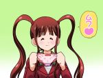  1girl ^_^ adachi_mitsuru_(style) bangs brown_hair closed_eyes facing_viewer green_background heart holding holding_panties idolmaster idolmaster_million_live! long_sleeves matsuda_arisa mercy_rabbit panties sidelocks smile solo speech_bubble spoken_heart twintails underwear upper_body 