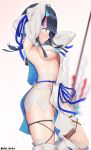  1girl armpits arms_behind_head arms_up bangs bare_shoulders black_hair blue_eyes blue_ribbon blurry blush breasts depth_of_field detached_leggings fate/grand_order fate/requiem fate_(series) highres large_breasts long_sleeves magatama medium_hair multicolored_hair pink_hair polearm ribbon sideboob sidelocks simple_background spear streaked_hair thighs two-sided_fabric two-sided_skirt unadon utsumi_erise weapon white_background white_legwear 