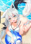  1girl :d \n/ ahoge animal_ears ball bare_arms bare_shoulders beach beachball bent_over bikini black_choker braid breasts caustics choker cleavage collarbone fang fox_ears fox_girl fox_tail front-tie_bikini front-tie_top green_eyes hair_ribbon highres hololive large_breasts long_hair looking_at_viewer open_mouth ribbon sand shirakami_fubuki silver_hair smile solo string_bikini swimsuit tail teltelhousi thighhighs virtual_youtuber water white_bikini 