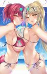  2girls alternate_hairstyle bangs beach bikini blonde_hair blush breasts cowboy_shot day earrings eyebrows_visible_through_hair hikari_(xenoblade_2) hinot homura_(xenoblade_2) jewelry large_breasts multiple_girls navel one_eye_closed outdoors ponytail red_bikini red_eyes red_hair side-tie_bikini sideboob swept_bangs swimsuit tiara white_bikini xenoblade_(series) xenoblade_2 yellow_eyes 