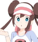  1girl :o bangs blue_eyes blush bow brown_hair collarbone commentary_request double_bun genbu_(user_unhx5348) hand_up highres long_hair looking_at_viewer mei_(pokemon) open_mouth pink_bow pokemon pokemon_(game) pokemon_bw2 raglan_sleeves shirt sidelocks simple_background solo sweat tongue twintails two-tone_headwear visor_cap white_background 