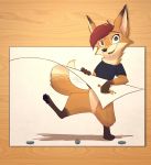  2020 absurd_res anthro bottomless brown_body brown_fur canid canine clothed clothing eyewear featureless_crotch fox fur glasses hi_res holding_object leg_markings mammal markings open_mouth open_smile pawpads pencil_(object) pointedfox shirt smile socks_(marking) solo topwear 
