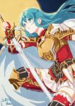  1girl 2018 bangs blue_eyes blue_hair breastplate dated earrings eirika_(fire_emblem) elbow_gloves eyebrows_visible_through_hair fingerless_gloves fire_emblem fire_emblem:_the_sacred_stones floating_hair full_moon gloves hair_between_eyes holding holding_sword holding_weapon jacket jewelry long_hair miniskirt moon parted_lips pleated_skirt red_gloves red_jacket red_legwear short_sleeves signature sketch skirt solo sword t_keima thighhighs very_long_hair weapon white_skirt 
