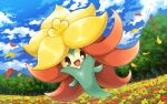  :d cloud commentary_request day field flower flower_field full_body gen_8_pokemon gossifleur hakuginnosora looking_at_viewer no_humans open_mouth outdoors petals pokemon pokemon_(creature) sky smile solo tongue tree 