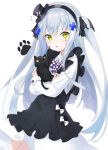 1girl absurdres animal animal_hug apron bangs black_apron black_cat black_hairband black_headwear black_ribbon blush bow cat checkered commentary_request dress eyebrows_visible_through_hair facial_mark flying_sweatdrops frilled_apron frills girls_frontline green_eyes hair_ornament hair_ribbon hairband hat highres hk416_(girls_frontline) long_hair long_sleeves looking_at_viewer mini_hat mini_top_hat mint_(psmin30) parted_lips ribbon silver_hair simple_background solo tilted_headwear top_hat two_side_up very_long_hair white_background white_dress 