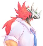  anthro clothed clothing digimon digimon_(species) green_eyes hair hi_res male orange_body ponytail red_hair simple_background solo vipery-07 wargreymon white_background 