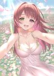  1girl :d armpits arms_up bangs banned_artist bare_arms bare_shoulders blush breasts brown_hair cleavage collarbone commentary_request day dress eyebrows_visible_through_hair field green_eyes heterochromia large_breasts light_rays long_hair looking_at_viewer midori_fuu multicolored_hair open_mouth original outdoors outstretched_arms petals purple_eyes purple_hair round_teeth sleeveless sleeveless_dress smile solo sunbeam sundress sunlight teeth two-tone_hair upper_body upper_teeth white_dress 