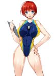  1girl ass_visible_through_thighs blue_eyes blue_swimsuit breasts commentary_request competition_swimsuit covered_nipples cowboy_shot hand_on_hip highleg highleg_swimsuit impossible_clothes impossible_swimsuit large_breasts nail_polish one-piece_swimsuit open_mouth original red_hair short_hair smash_daisaku smile solo standing swimsuit whistle whistle_around_neck 