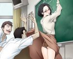  1girl 2boys :o ass black_hair black_panties blush brown_hair brown_skirt chalk chalkboard classroom curtains hair_bun indoors lace lace_panties long_sleeves looking_to_the_side multiple_boys open_mouth original panties red-framed_eyewear school school_uniform shirt short_sleeves skirt skirt_lift soyosoyo student teacher thighs underwear white_shirt window writing 