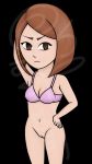  1girl artist_request bob_cut bottomless bra brassiere brown_eyes brown_hair clothes_removed facing_viewer highres no_panties nude original pink_bra pose solo source_request staring transparent underwear unhappy 