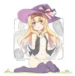  1girl bandaid bandaid_on_knee bangs bare_shoulders black_dress blonde_hair blush bow breasts covered_navel dress eyebrows_visible_through_hair ghost gloves hair_between_eyes hair_bow hairband hat hatsunatsu little_witch_nobeta long_hair looking_at_viewer navel no_shoes nobeta parted_lips purple_headwear purple_legwear red_eyes red_hairband see-through sitting skirt_hold sleeveless sleeveless_dress small_breasts solo striped striped_bow thighhighs twitter_username very_long_hair wariza white_background white_gloves witch_hat 