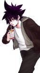  +_+ 1boy black_hair black_pants brown_jacket cup disposable_cup drinking drinking_straw hair_between_eyes hand_in_pocket highres holding holding_cup jacket jin_mori minjong0625_(hello) pants shirt simple_background solo spiked_hair standing the_god_of_high_school white_background white_shirt 