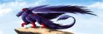  2020 absurd_res ambiguous_gender avian beak claws cloud day detailed_background digital_media_(artwork) ellkir_fox feathered_wings feathers feral gryphon hi_res mythological_avian mythology open_mouth outside purple_body purple_feathers red_beak red_claws sky solo tail_tuft tuft wing_claws wings 