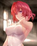  1girl ange_katrina arm_up armpits artist_name azto_dio backlighting blue_eyes blurry blurry_background blush breasts depth_of_field hair_intakes hair_ornament hairclip highres indoors light looking_at_viewer looking_back medium_breasts nijisanji parted_lips red_hair short_hair smile solo upper_body virtual_youtuber window 