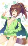  1girl :d absurdres areola_slip areolae arm_up ass_visible_through_thighs bangs bikini bikini_bottom blush breasts brown_hair cape choker collarbone commentary_request fingernails fur_trim green_bikini green_eyes hair_ornament hand_in_pocket highres jacket kono_subarashii_sekai_ni_shukufuku_wo! lean_(konosuba) official_art open_clothes open_jacket open_mouth ponytail raccoon_tail shiny shiny_hair shiny_skin side-tie_bikini simple_background small_breasts smile solo standing swimsuit tail tied_hair v white_background yuuki_hagure zipper zipper_pull_tab 