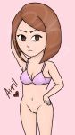  1girl artist_request bob_cut bottomless bra brassiere brown_eyes brown_hair clothes_removed facing_viewer highres no_panties nude original pink_bra pose solo source_request staring underwear unhappy 