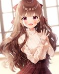 1girl bangs beige_sweater blurry blurry_background blush bow breasts brown_bow brown_hair brown_skirt commentary earrings hair_bow hair_ornament highres jewelry large_breasts long_hair looking_at_viewer open_mouth original purple_eyes ribbed_sweater skirt smile solo sweater weri 