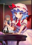  2girls ainy77 ascot bat_wings blue_hair board_game bow braid chess closed_eyes closed_mouth commentary_request eyebrows_visible_through_hair green_bow grey_hair hair_bow hat highres indoors izayoi_sakuya maid maid_headdress mob_cap multiple_girls puffy_short_sleeves puffy_sleeves red_eyes red_neckwear remilia_scarlet short_hair short_sleeves skirt table touhou twin_braids white_headwear white_skirt wings 