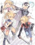  2boys 2girls apron armor black_hair blonde_hair blue_eyes drawr duel frown frying_pan gloves green_eyes hair_ribbon holding holding_sword holding_weapon judas_(tales) kyle_dunamis ladle lilith_aileron long_hair mask multiple_boys multiple_girls nishihara_isao oekaki open_mouth ponytail purple_eyes ribbon rimuru_aileron short_hair sword tales_of_(series) tales_of_destiny_2 translation_request weapon 